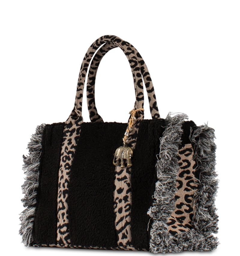 Geräumige Handtasche aus Textil mit Kunstfell und Animal Print Schwarz