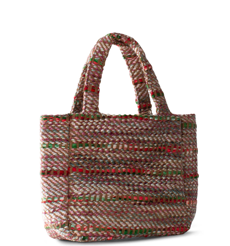 Stylische Stricktasche aus Woll-Textil in Rot und Grün mit Magnetverschluss