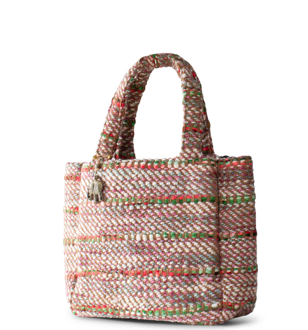 Stylische Stricktasche aus Woll-Textil in Rot und Grün mit Magnetverschluss